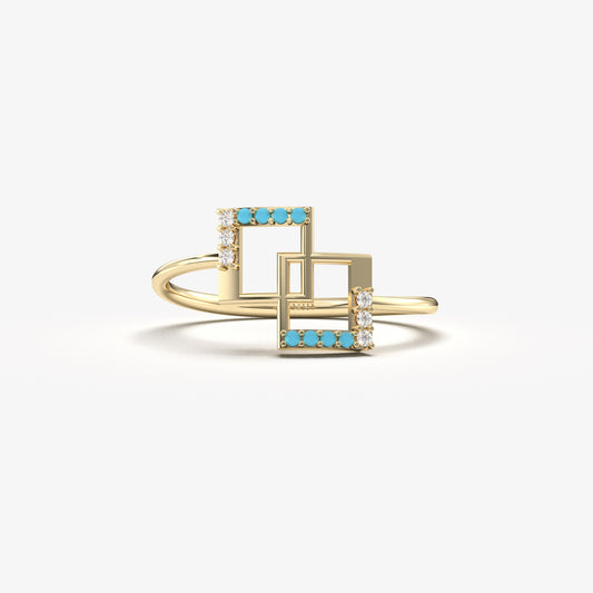 14K Gold Turquoise & Diamond Square Ring - LR03