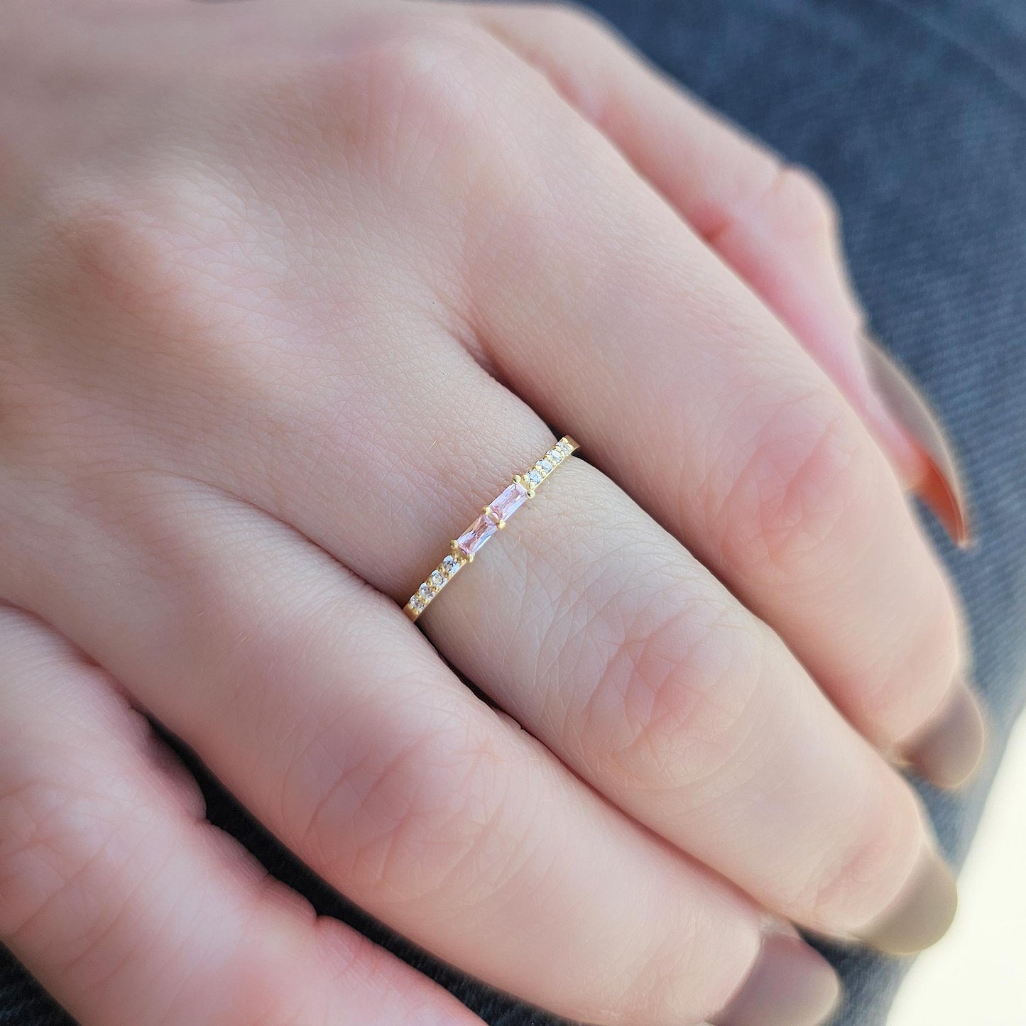 10K Gold Baguette Pink Topaz and CZ Ring - 2S16PNK